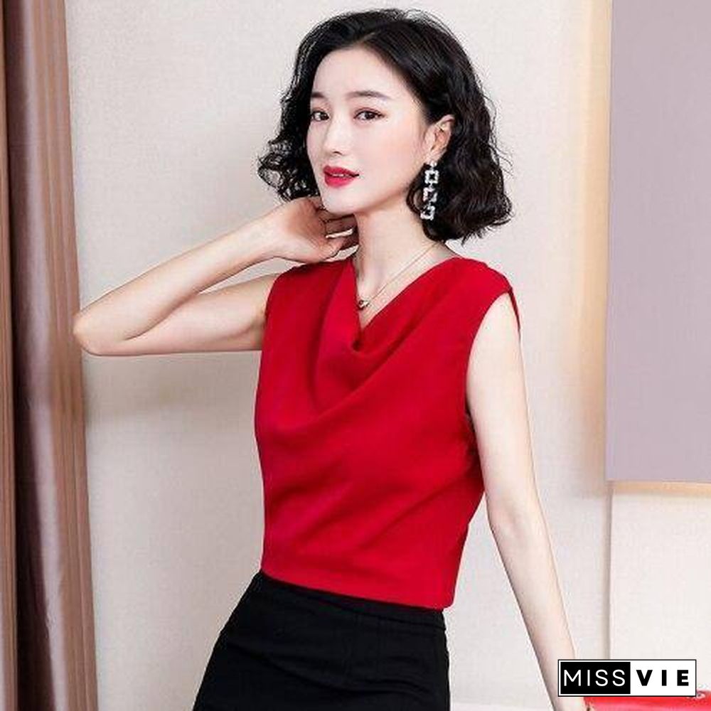 Korean Women Blouses Elegant Woman Satin Blouse Shirt Plus Size Tops Woman Sleeveless V Neck Blusas Mujer De Moda Camisas Mujer