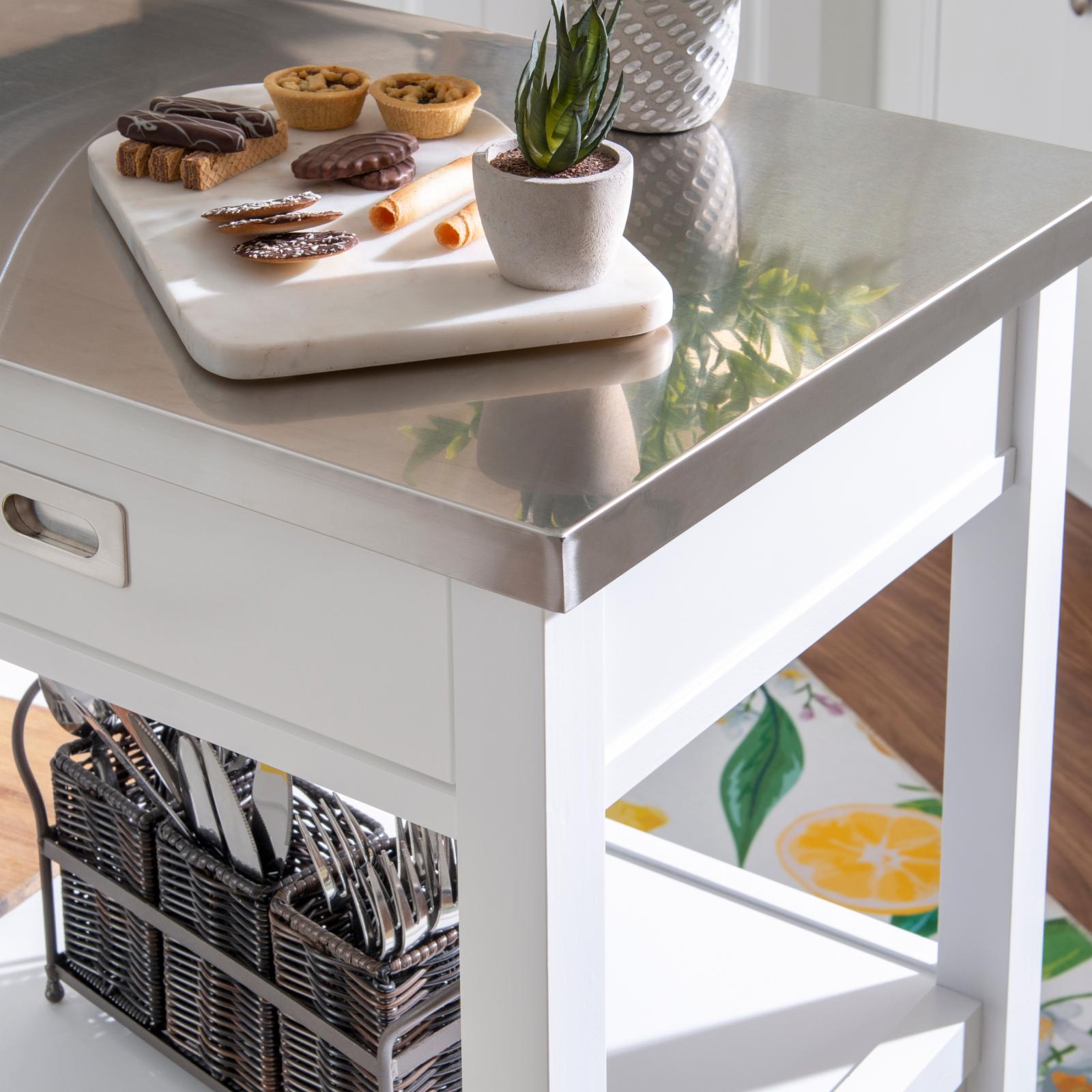 Linon Sydney 3-Drawer MobileKitchen Cart with Stainless Steel Top - White