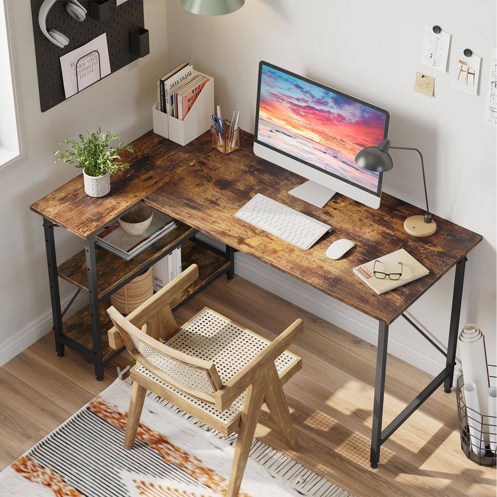 Bestier 55 in. L-Shaped Rustic Brown Desk with Adjustable Shelves D244X-RST