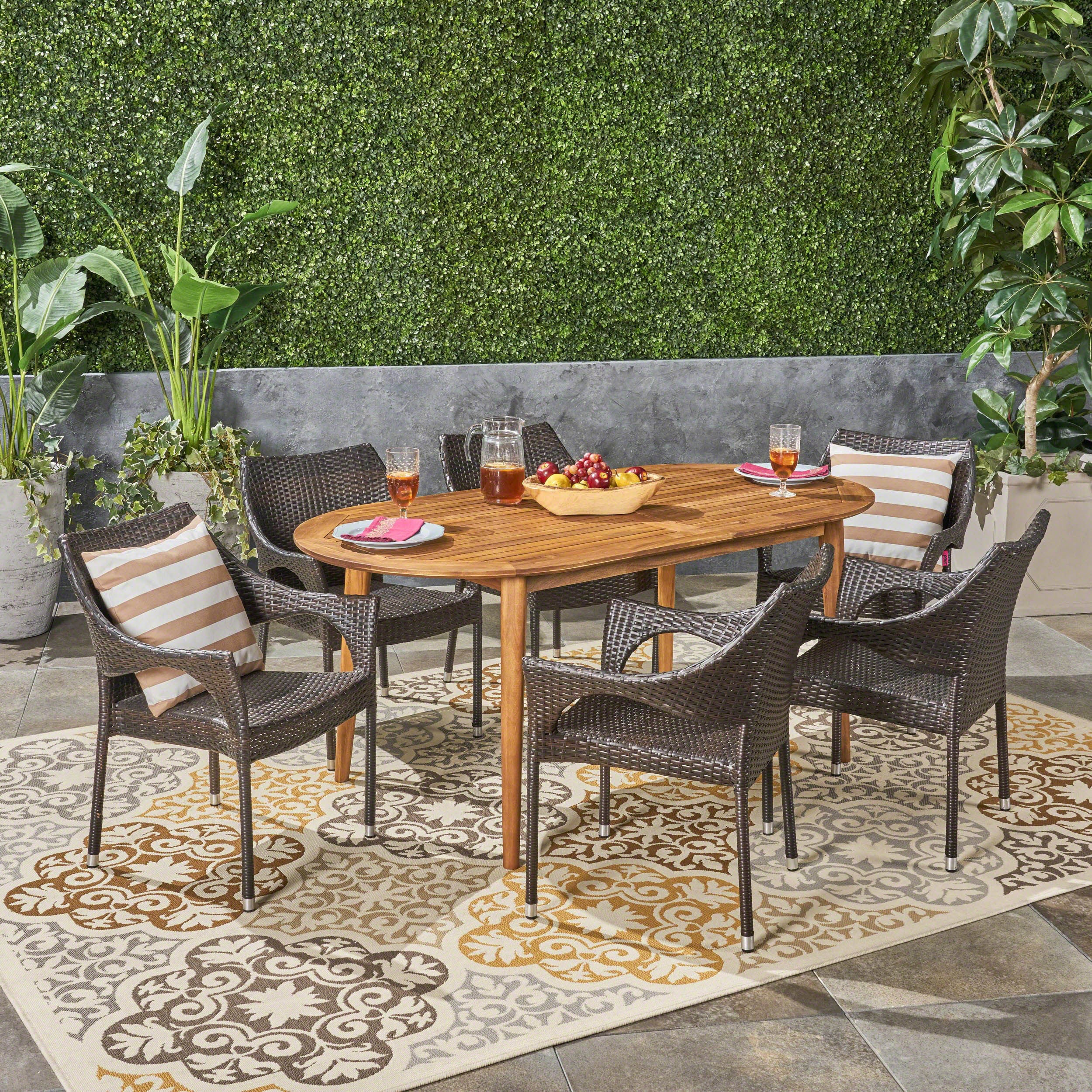 Fox Outdoor 7 Piece Acacia Wood Dining Set with Stacking Wicker Chairs