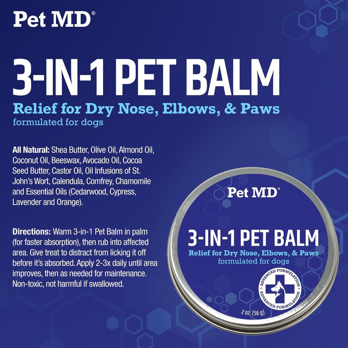 Pet MD Paw Balm 3-in-1 Nose/Snout and Elbow Moisturizer and Paw Protectors Paw Wax with Shea Butter， Coconut Oil， and Beeswax for Dogs， 2-oz jar