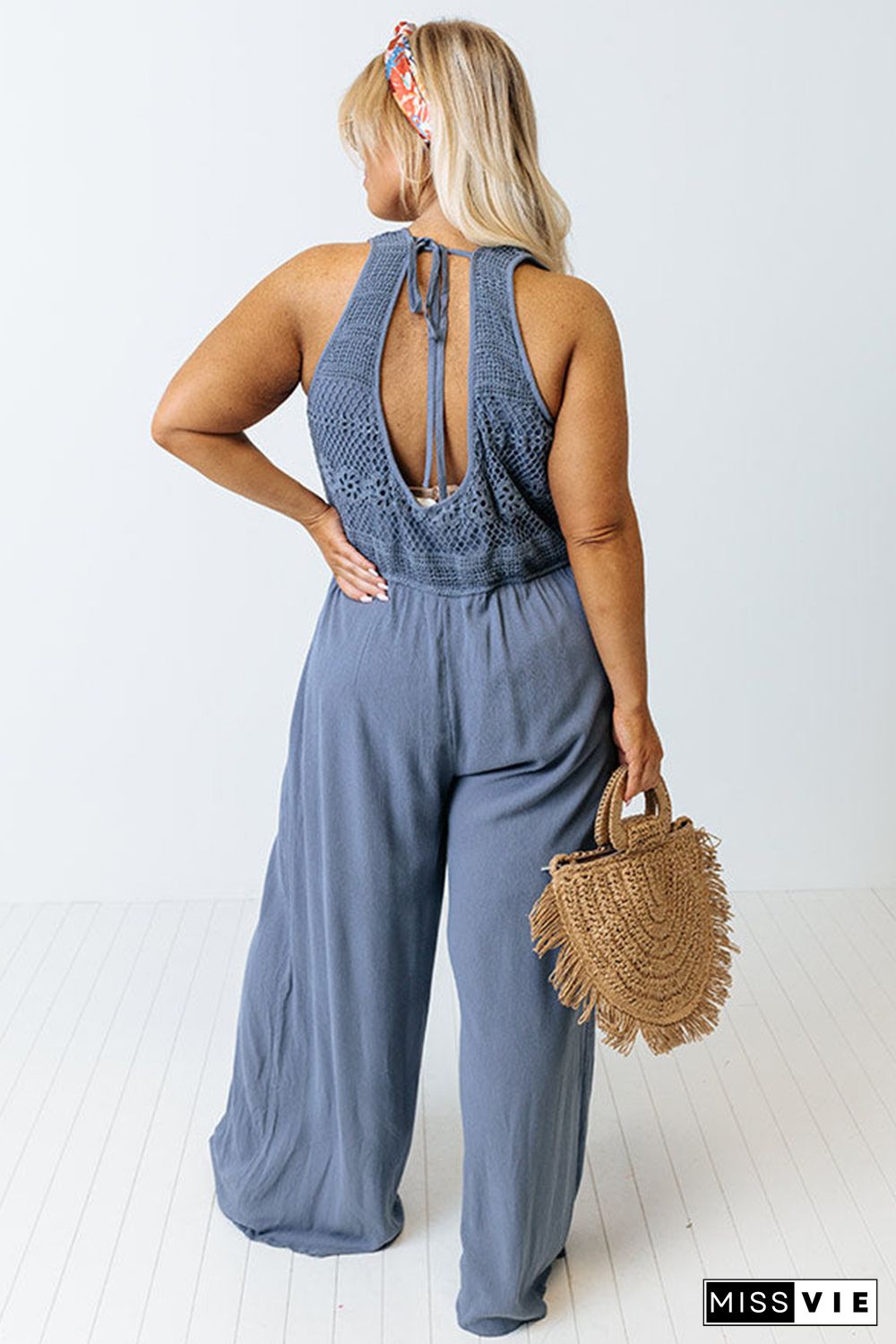 Blue Tie Back Crochet Tank Casual Plus Size Jumpsuit