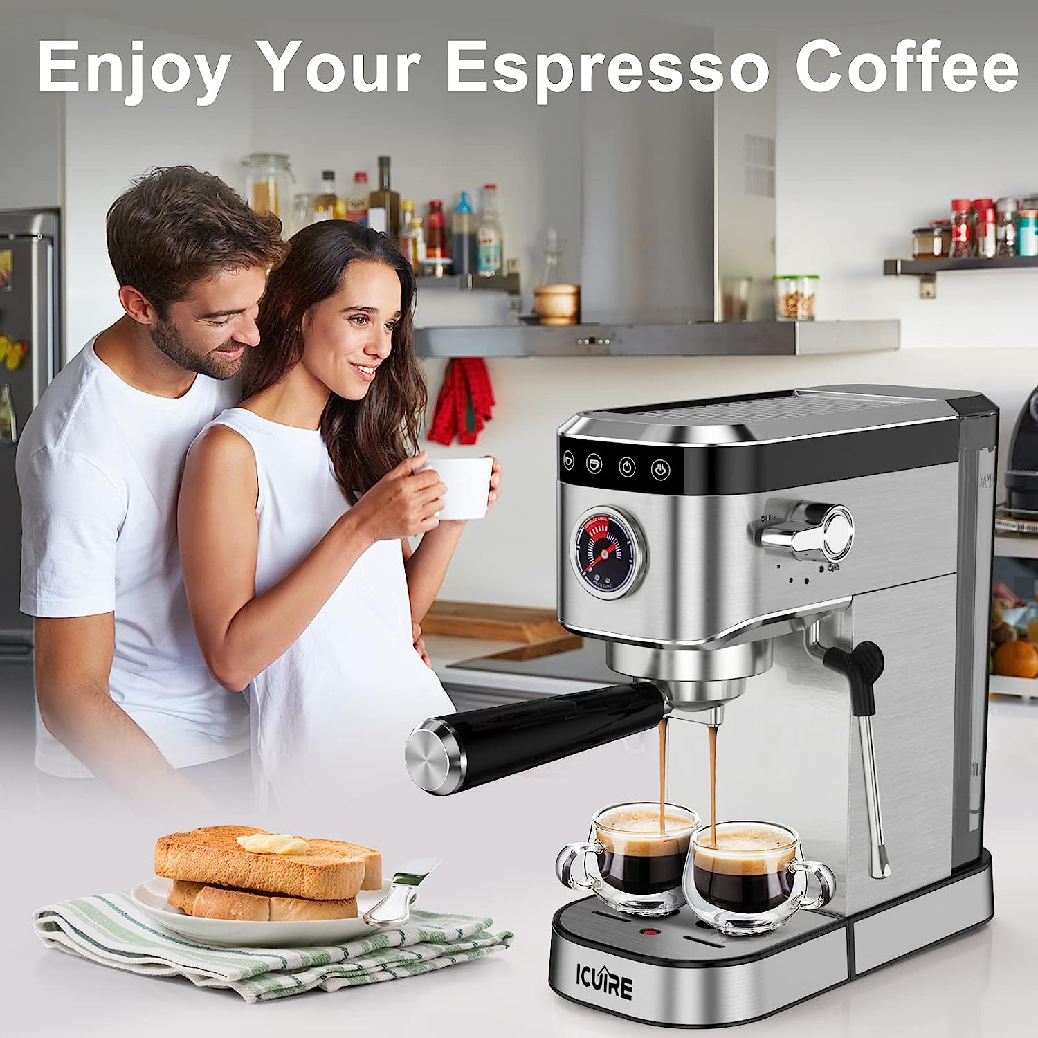 ICUIRE Espresso Machine, 20 Bar Compact Steam Espresso Coffee Machine with Milk Frother, Digital Touch Panel, 37 Oz Removable Water Tank for Espresso Make