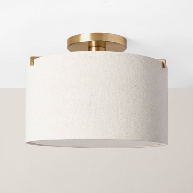 Fabric Shade Semi flush Mount Ceiling Light Brass oatmeal With Magnolia