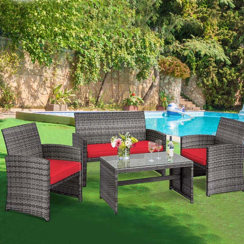 4 Pcs Rattan Wicker Patio Furniture Sets, Outdoor Conversation Sets with Loveseat, Table, Single Sofas