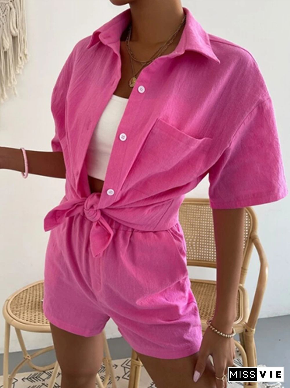 Long Sleeve Single-breasted Top + Broad-legged Shorts Set Fashion Ladies Sexy Solid Suits Summer 2 Piece Outfits For Women