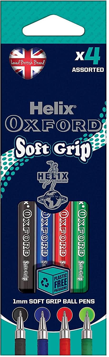 Helix oxford soft grip ballpoint pens (x4 pack assorted colours) with plastic free packaging