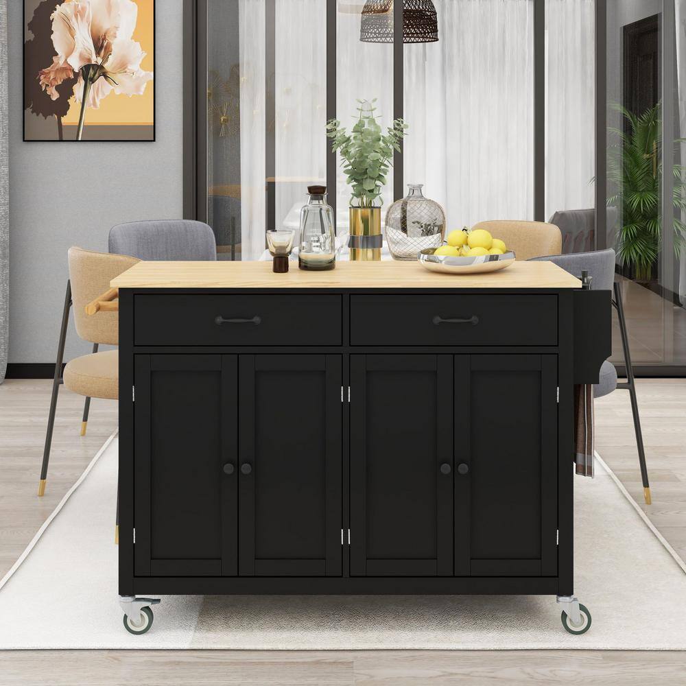 54.3 in.W Black Wood Kitchen Island Cart With Two Drawers CUU6911AAB