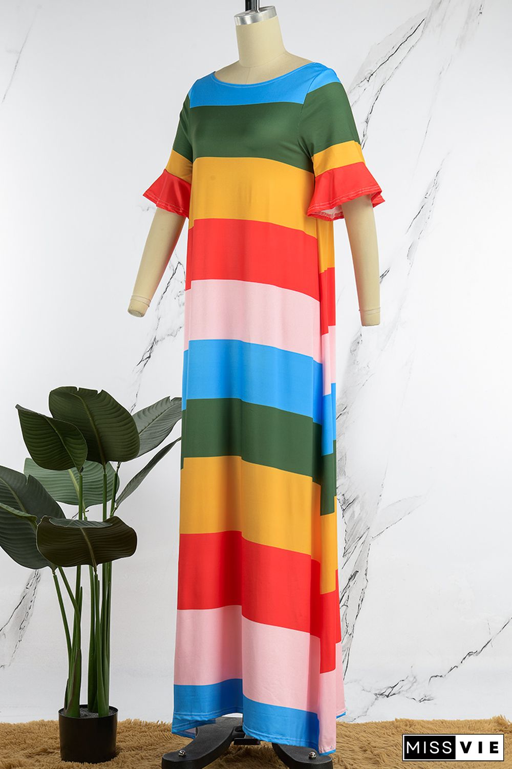 Green Casual Striped Patchwork O Neck A Line Dresses