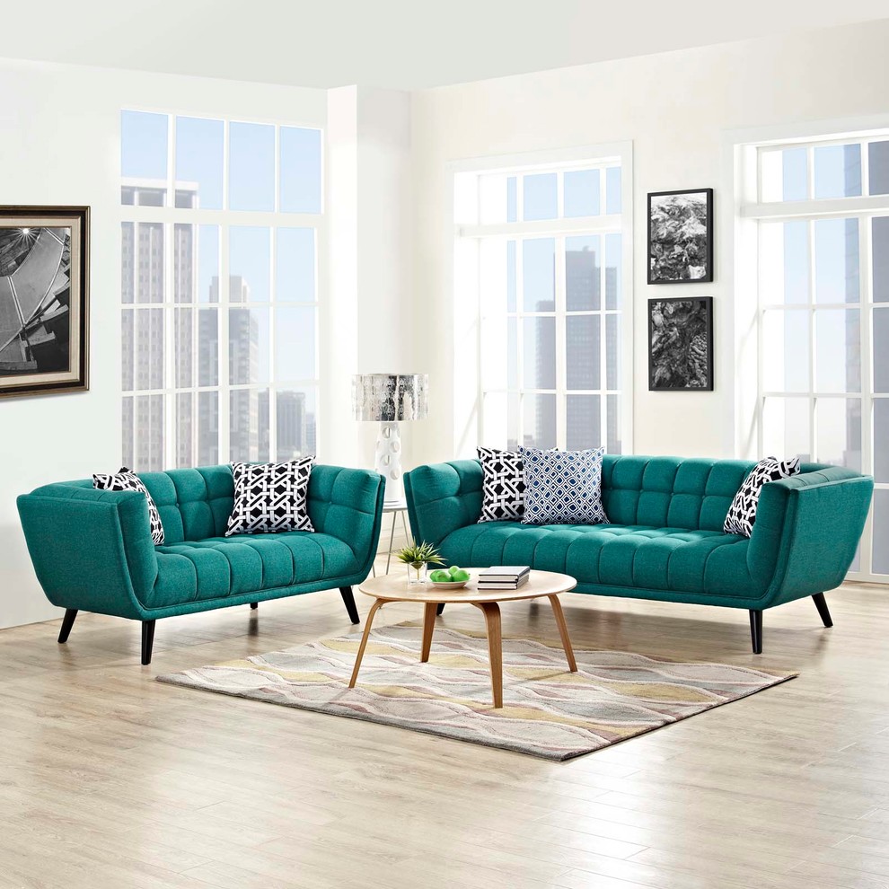 Bestow 2 Piece Upholstered Sofa and Loveseat Set  Teal   Midcentury   Living Room Furniture Sets   by Homesquare  Houzz