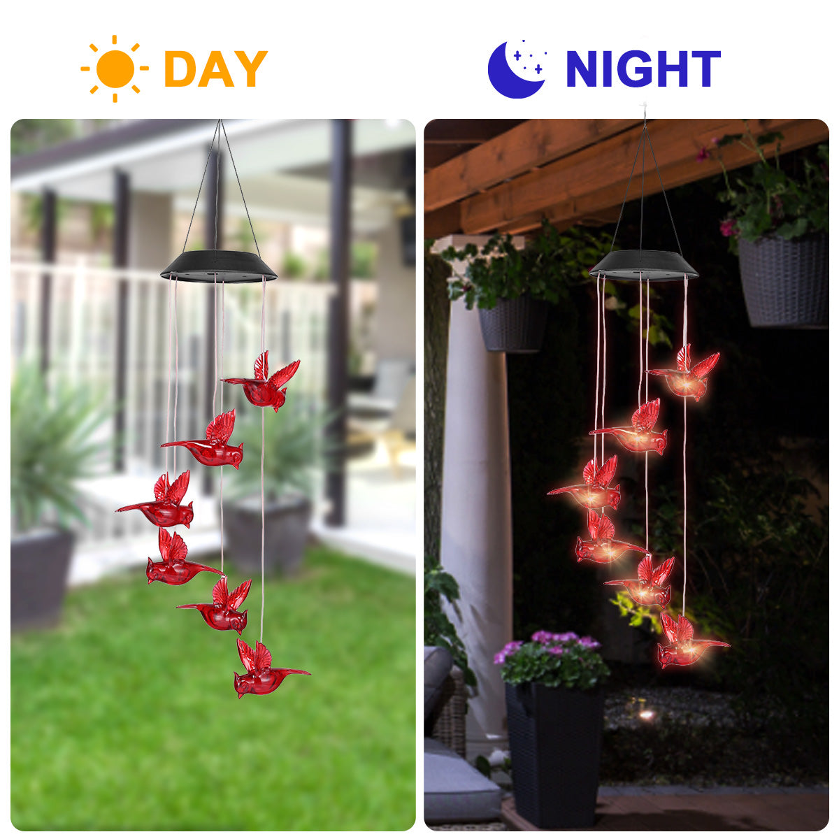 Solar Cardinal Red Bird Wind Chime Lights， Hanging Red Bird Wind Chimes with S Hook Light Sensor， LED Solar Power IP65 Waterproof Moisture-Proof， Outdoor Garden Decor Wind Bell for Patio Yard Home