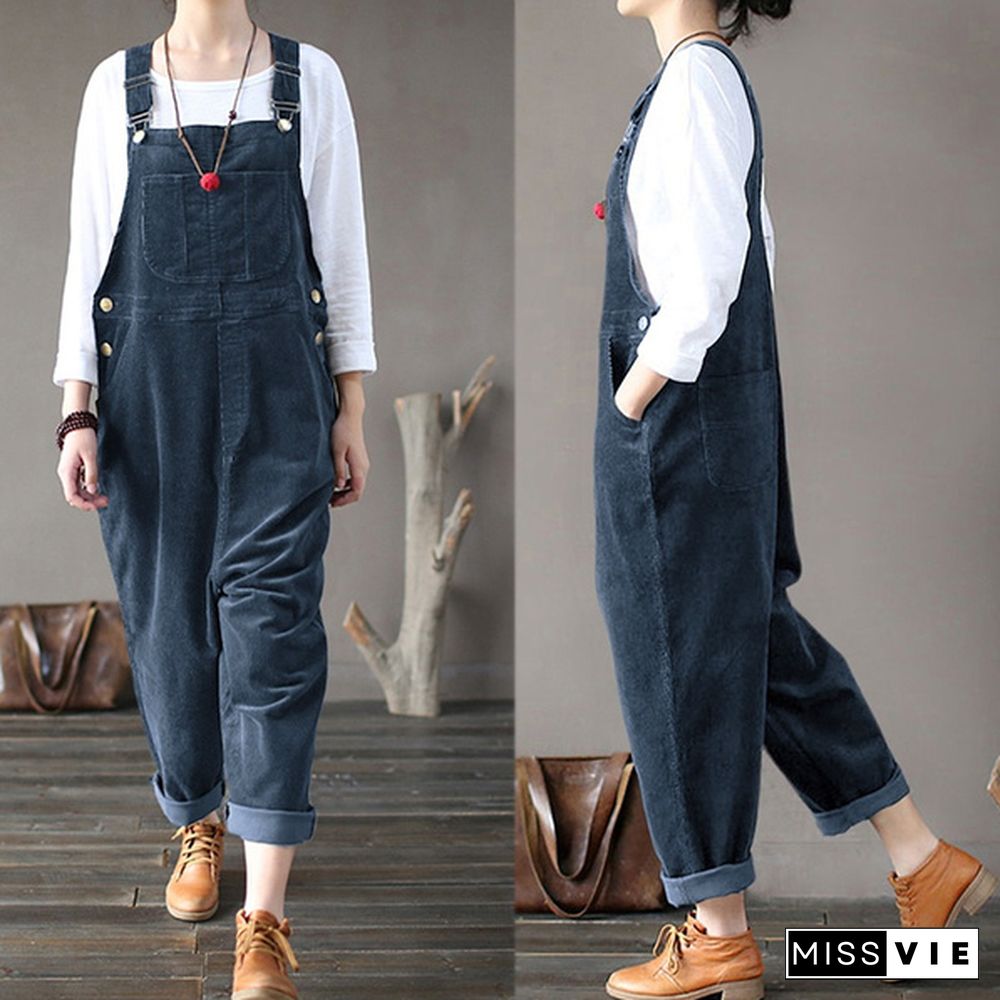 Corduroy Jumpsuits Women Strappy Casual Loose Dungaree Bib Cargo Pants Overalls