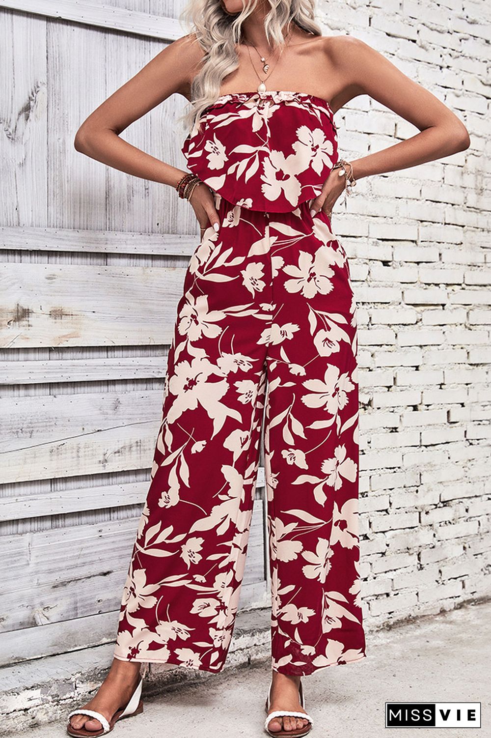 Strapless Ruffles Floral Jumpsuit