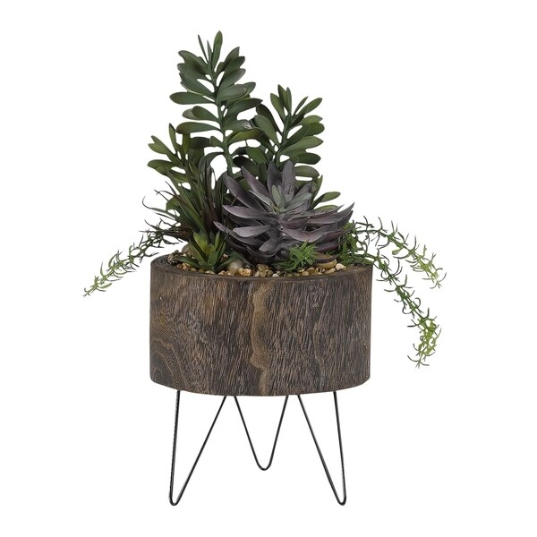 DandW Silks Jade Plant，Frosted Echeveria and Succulents in Round Wooden Planter with Wire Legs