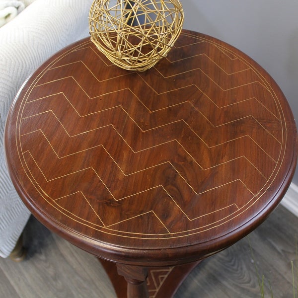 Natural Geo Rosewood Round Accent Table - Chevron Golden Brass Inlay