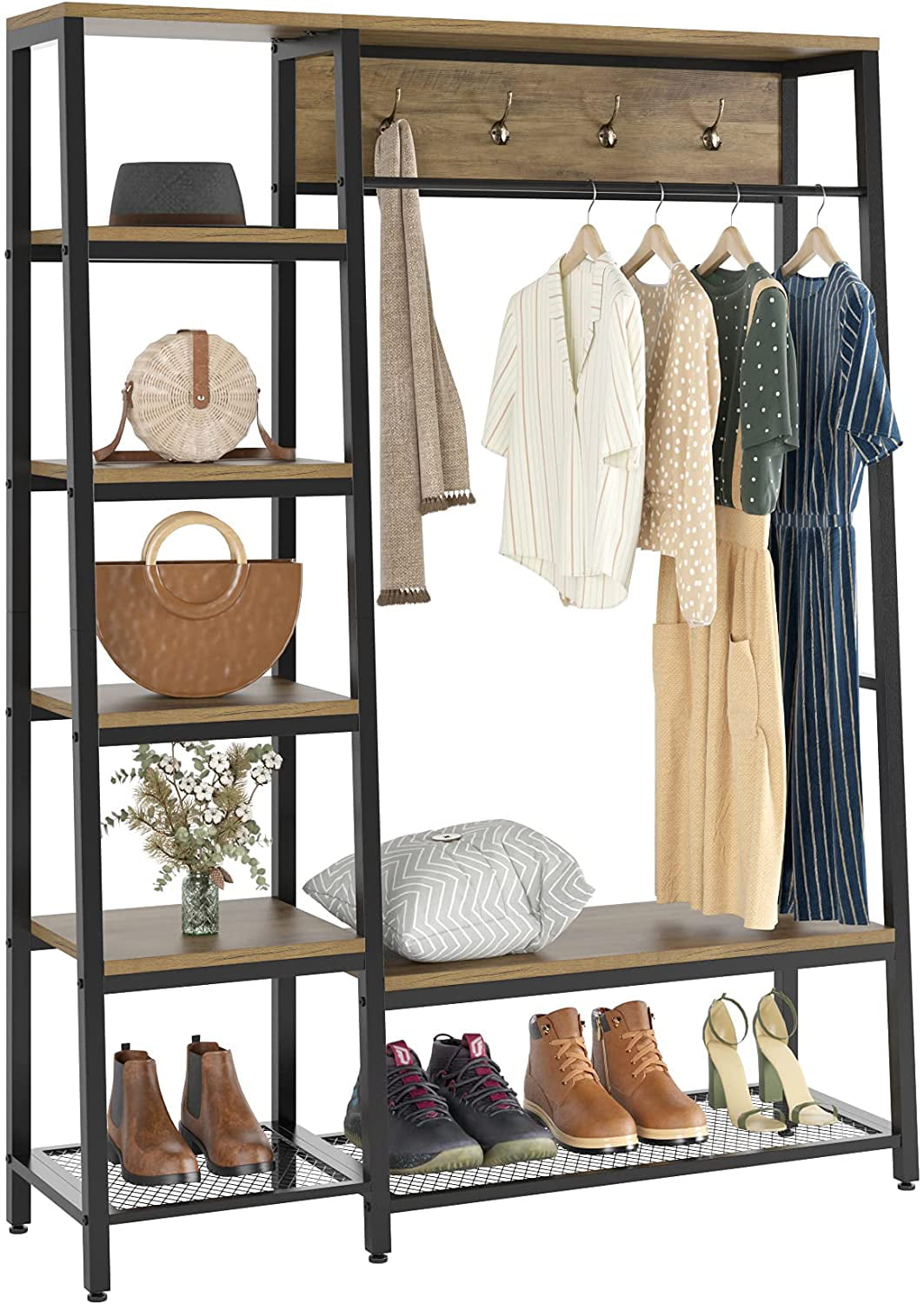 Homfa Closet Rack, 3 In 1 Metal Hall Tree, Free Standing Closet Organizer with Shelves and Shoe Rack, Rustic Brown