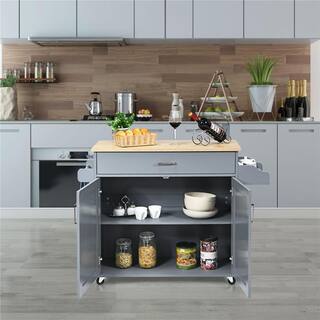 Costway Rolling Kitchen Gray Island Cart Storage Cabinet with Towel and Spice Rack KC51983GR