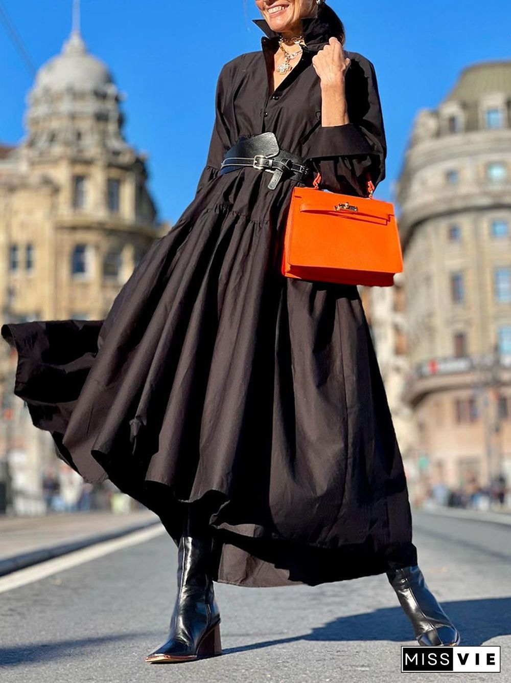 Long Sleeves Loose Buttoned Solid Color Lapel Maxi Dresses