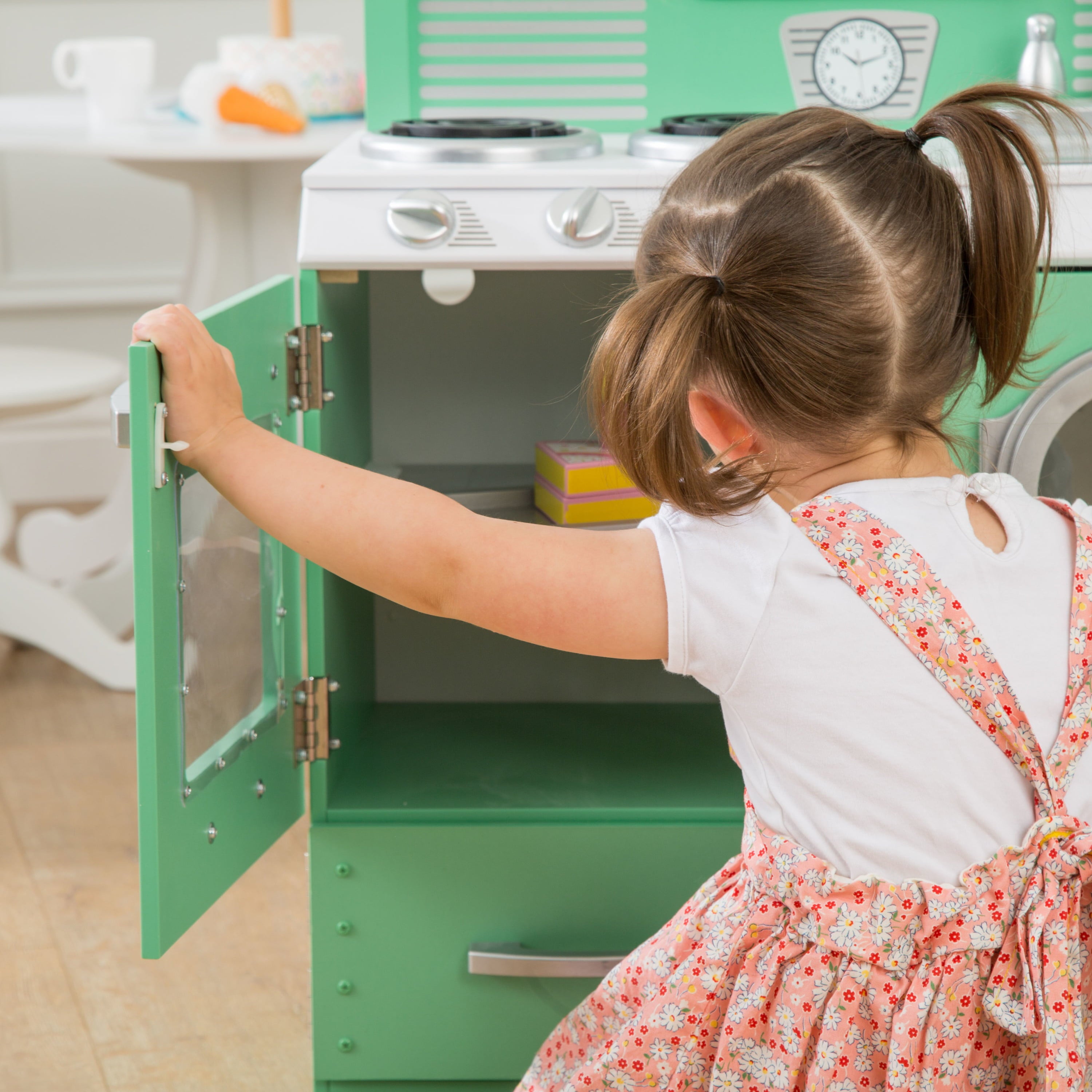 Homestyle 2-Piece Wooden Vintage Play Kitchen Set with Refrigerator, Dryer and Laundry Basket