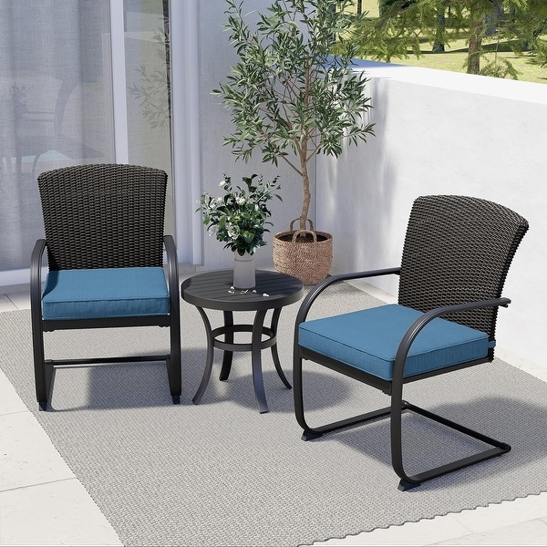 3 Piece CSpring Bistro Set，Outdoor Patio Rocking Wicker Chairs with Cushions and Small Coffee Table，for Porch，Garden