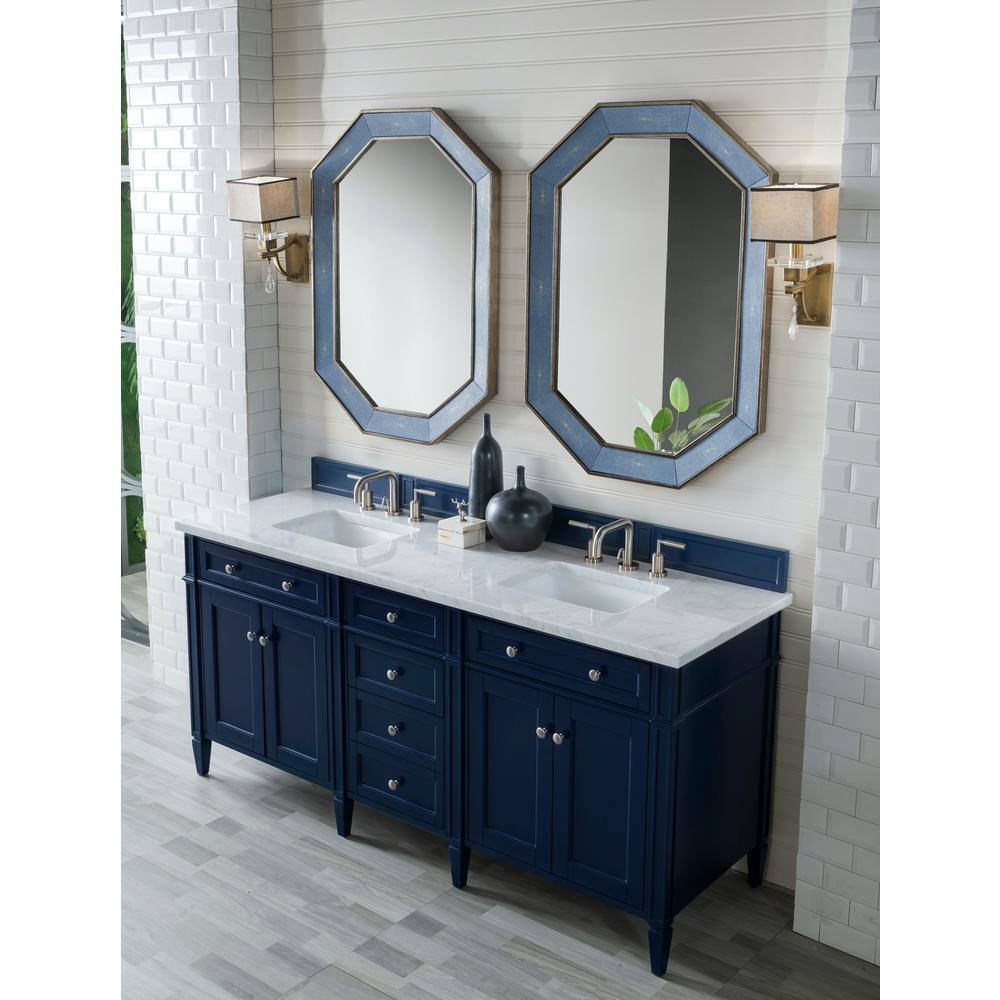 James Martin Vanities Brittany 72 in. W x 23.5 in. D x 34 in. H Double Bath Vanity Cabinet in Victory Blue with Marble Top in Carrara Marble 650-V72-VBL-3CAR