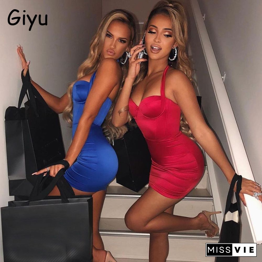 Giyu Sexy Glitter Dress Women Summer Night Club Party Satin Bodycon Mini Dresses Backless Sleeveless Ruched Black Vestidos