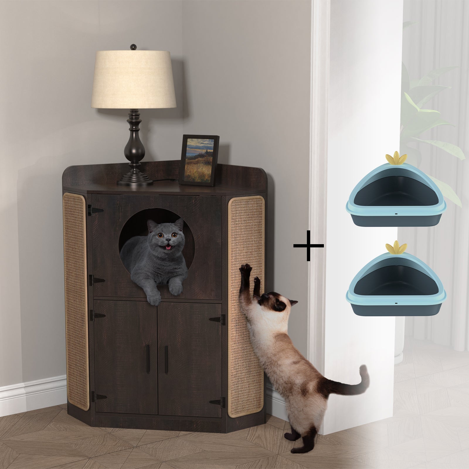 GDLF Litter Box Enclosure， Corner Furniture Style Cat House with Scratch Pad and 2 Corner Litter Boxes Included