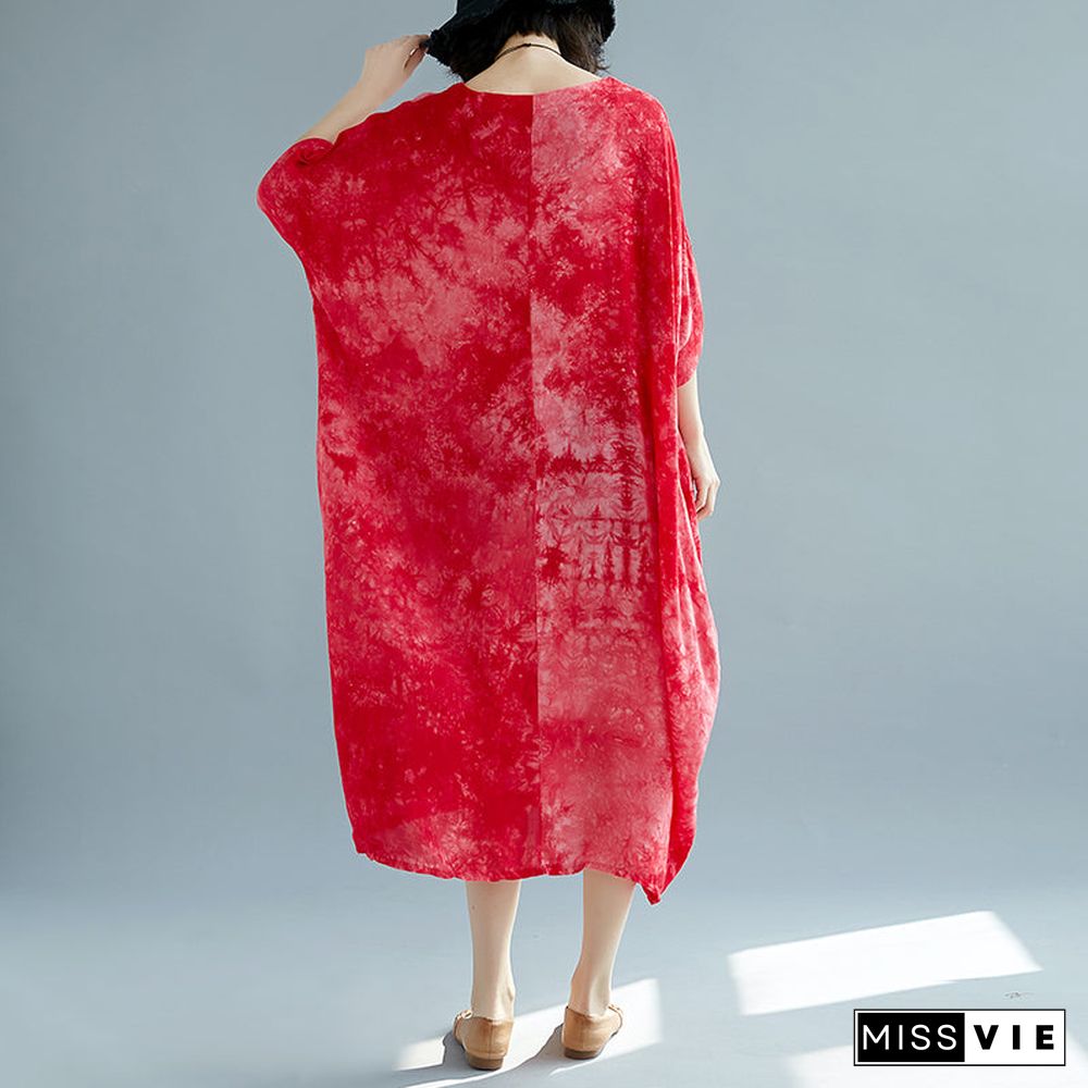 baggy red linen dresses oversize O neck floral linen gown Elegant short sleeve baggy dresses linen caftans