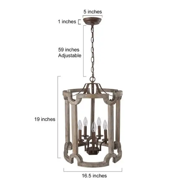 Farmhouse Rustic 5-Light Distressed Birch Lantern Chandelier with Rusted Iron Fixture - 16.5