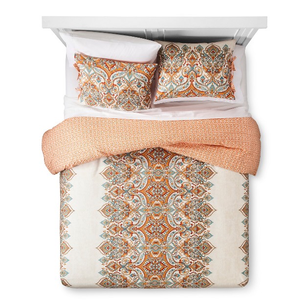 3pc Full queen Anya Reversible Duvet Cover And Sham Set Orange Mudhut