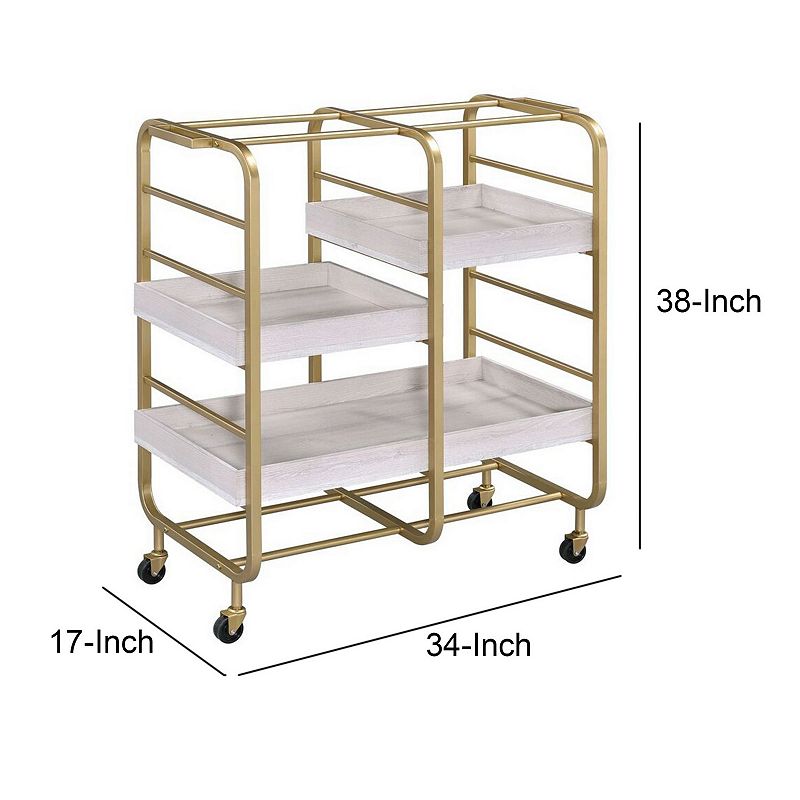 Metal Frame Serving Cart with Adjustable Compartments，Gold and Washed White