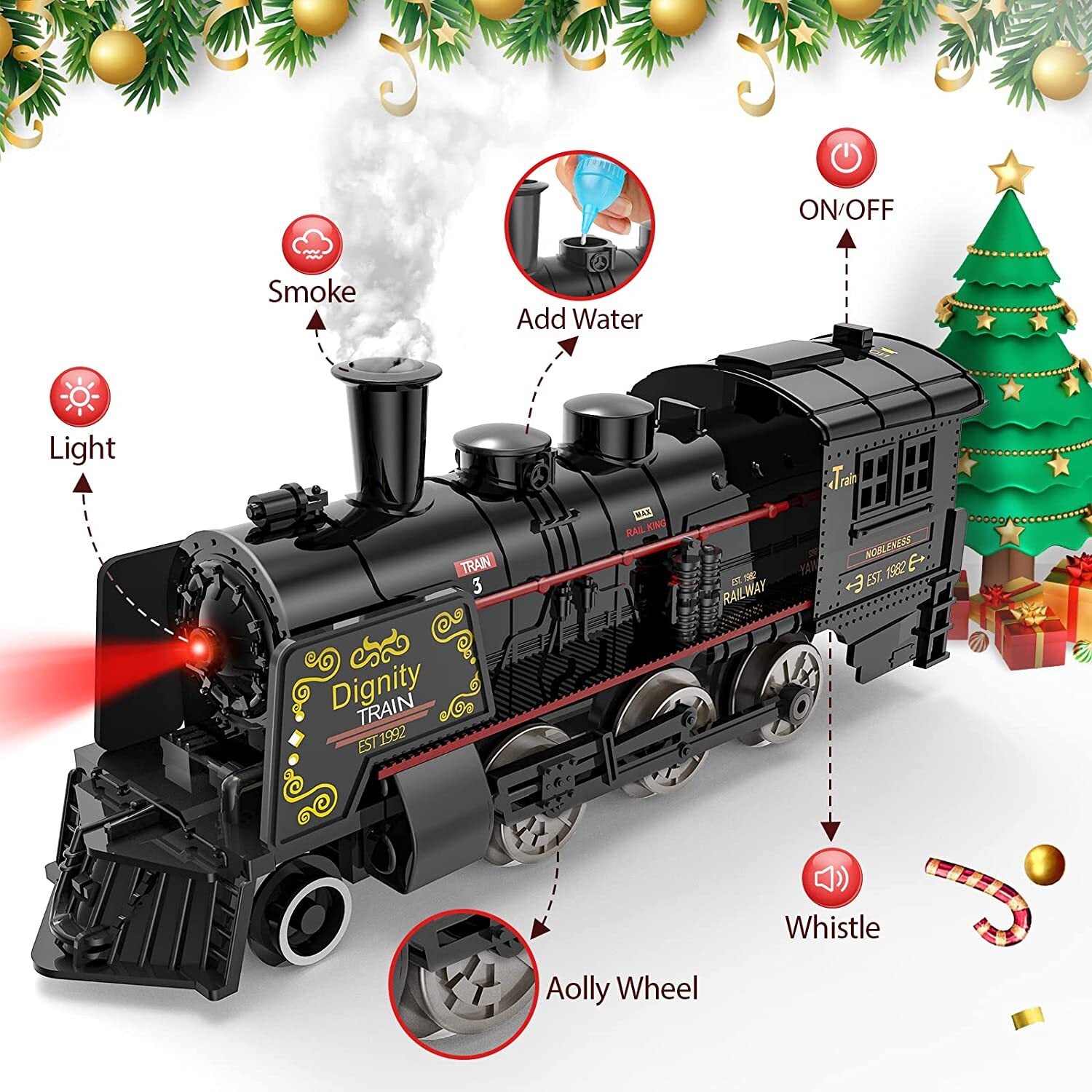 Hot Bee Model Train Set for Boys - Metal Alloy Electric Trains w/ Steam Locomotive，Passenger Carriages and Tracks，Train Toys w/ Smoke，Sounds and Lights，Christmas Toys for 3 4 5 6 7+ Years Old Kids