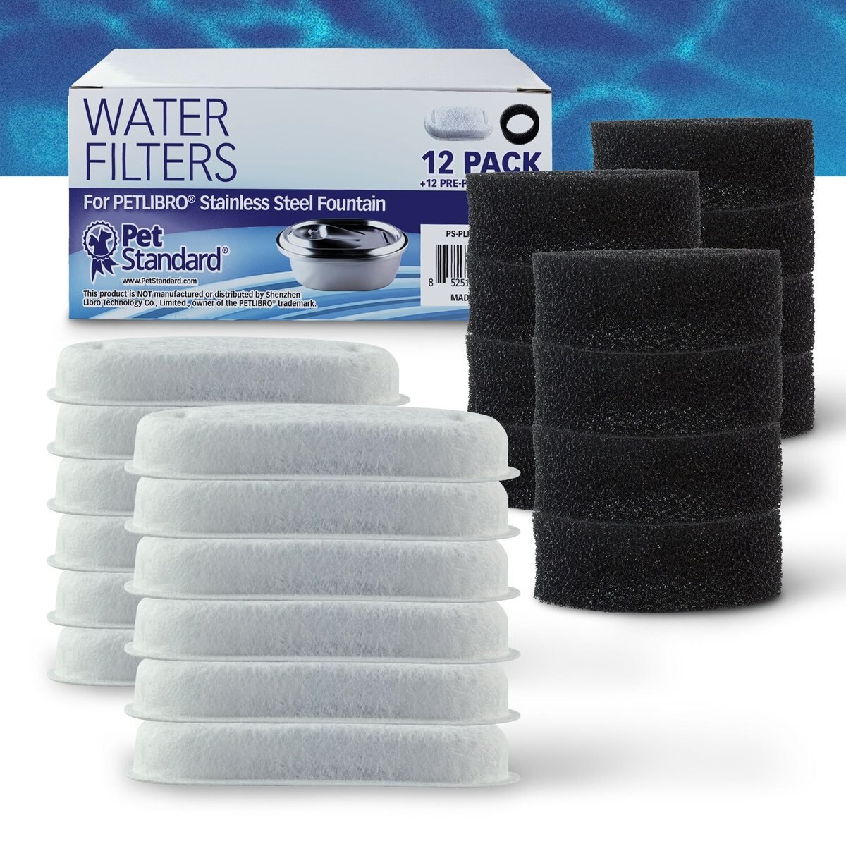 Pet Standard PETLIBRO Model PLWF003 Stainless Steel Pet Water Fountain Replacement Filter and Replacement Pre-Filter Sponges， 67-oz， 12-pack