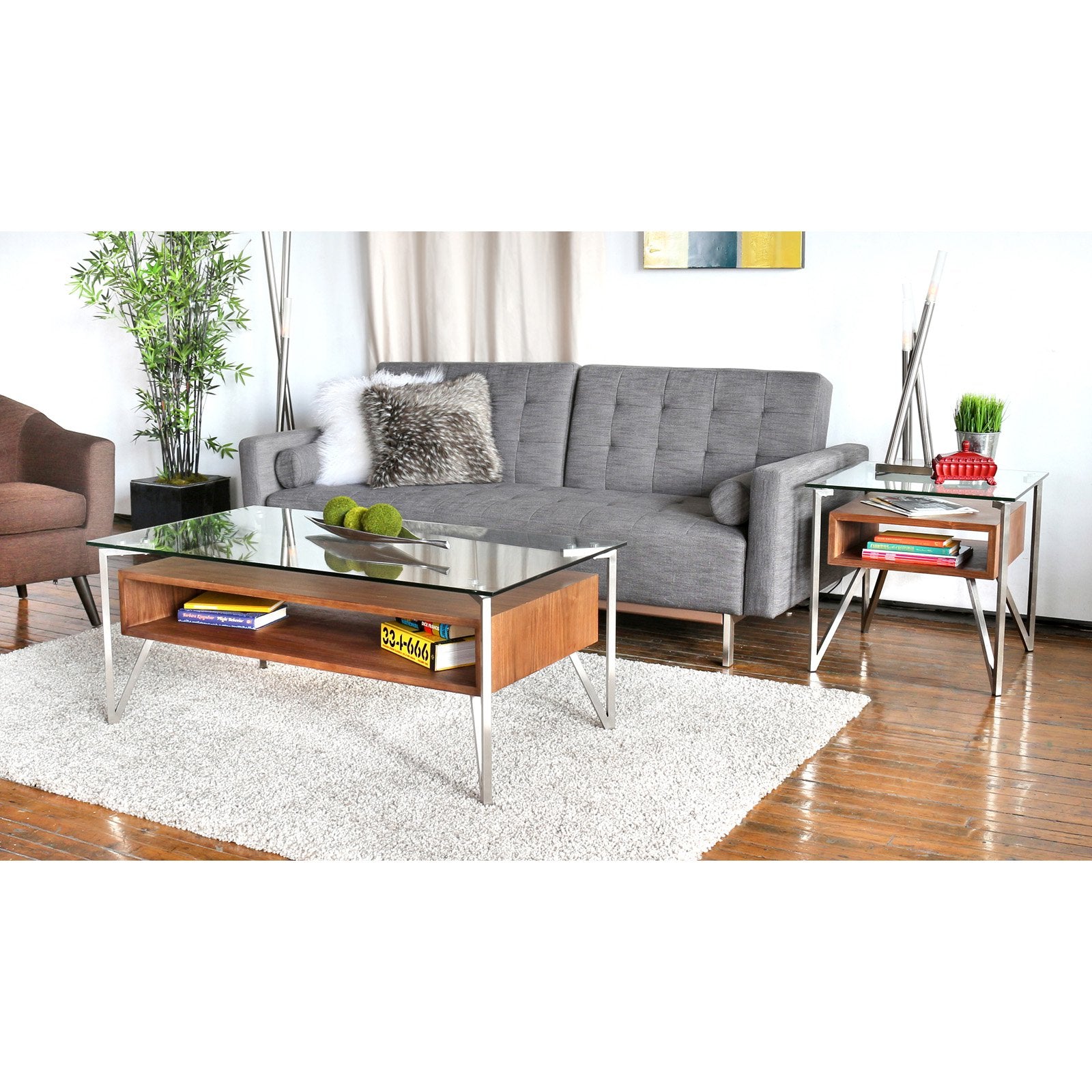 Hover Contemporary Coffee Table with Brushed Stainless Steel Frame, Walnut Wood Shelf, and Clear Glass Top