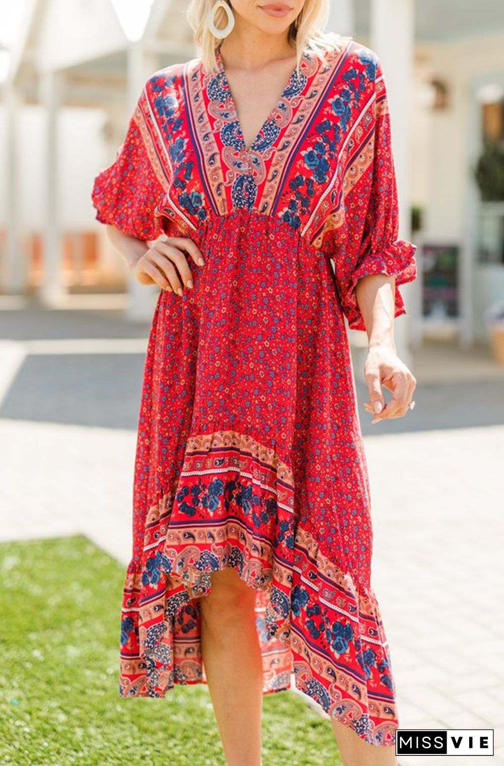 Casual Print Split Joint V Neck Irregular Dress Dresses