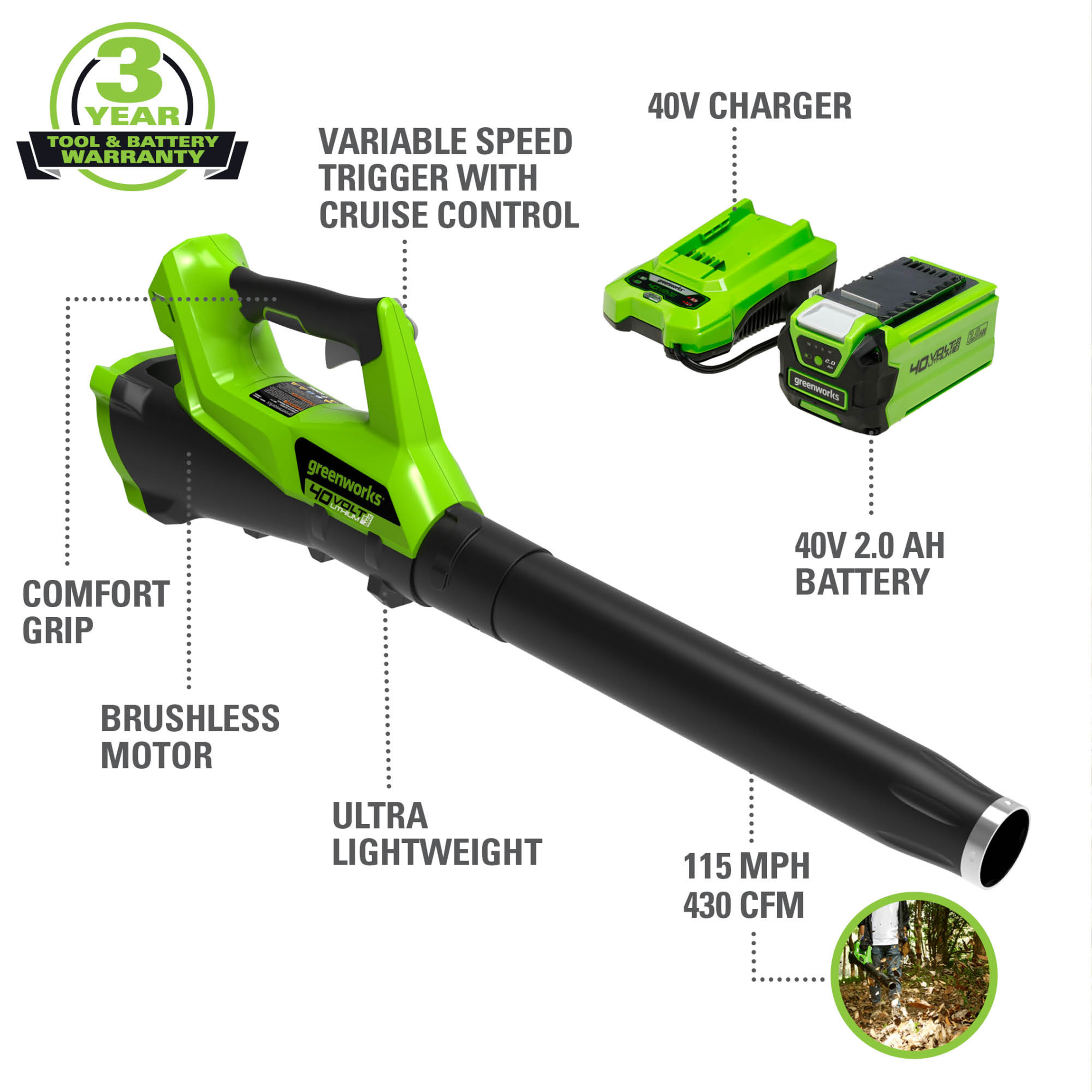 Greenworks 40V Brushless Leaf Blower with 2.0 Ah Battery and Charger， 2400302