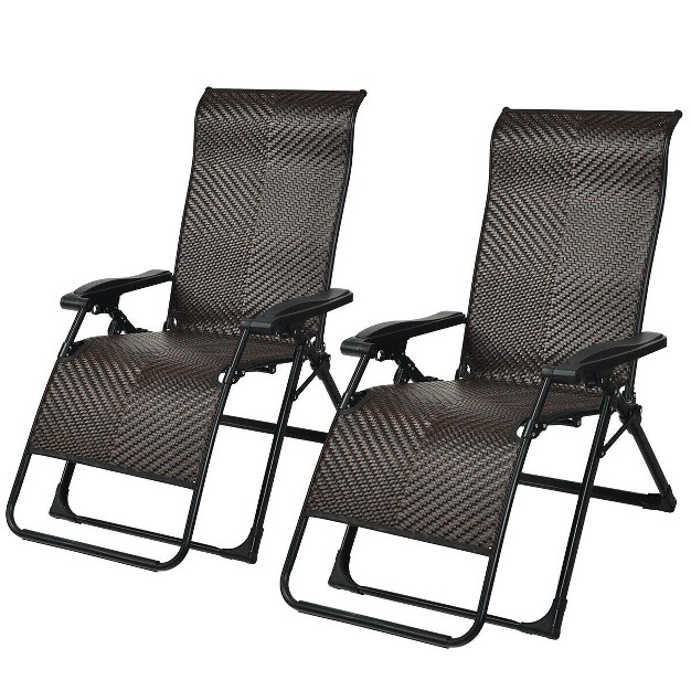 Costway 2pcs Patio Rattan Zero Gravity Lounge Chair Folding Recliner Adjustable Headrest