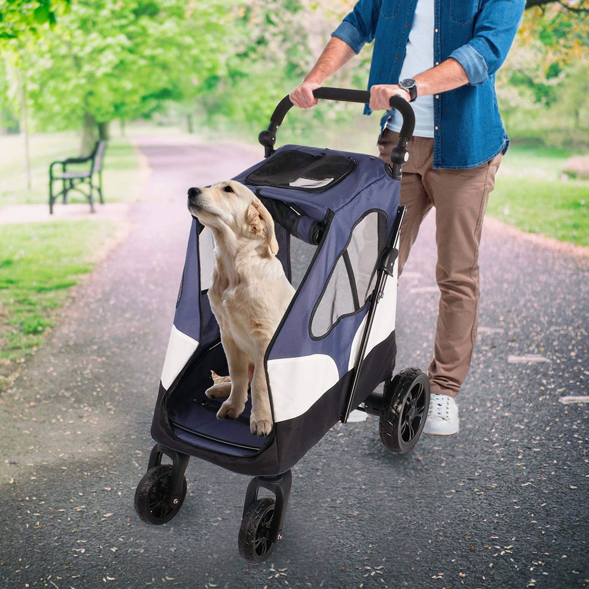 Pet Dog Stroller for Medium Dogs and Cats，Foldable Pet Jogger Stroller with Adjustable Handle，Blue