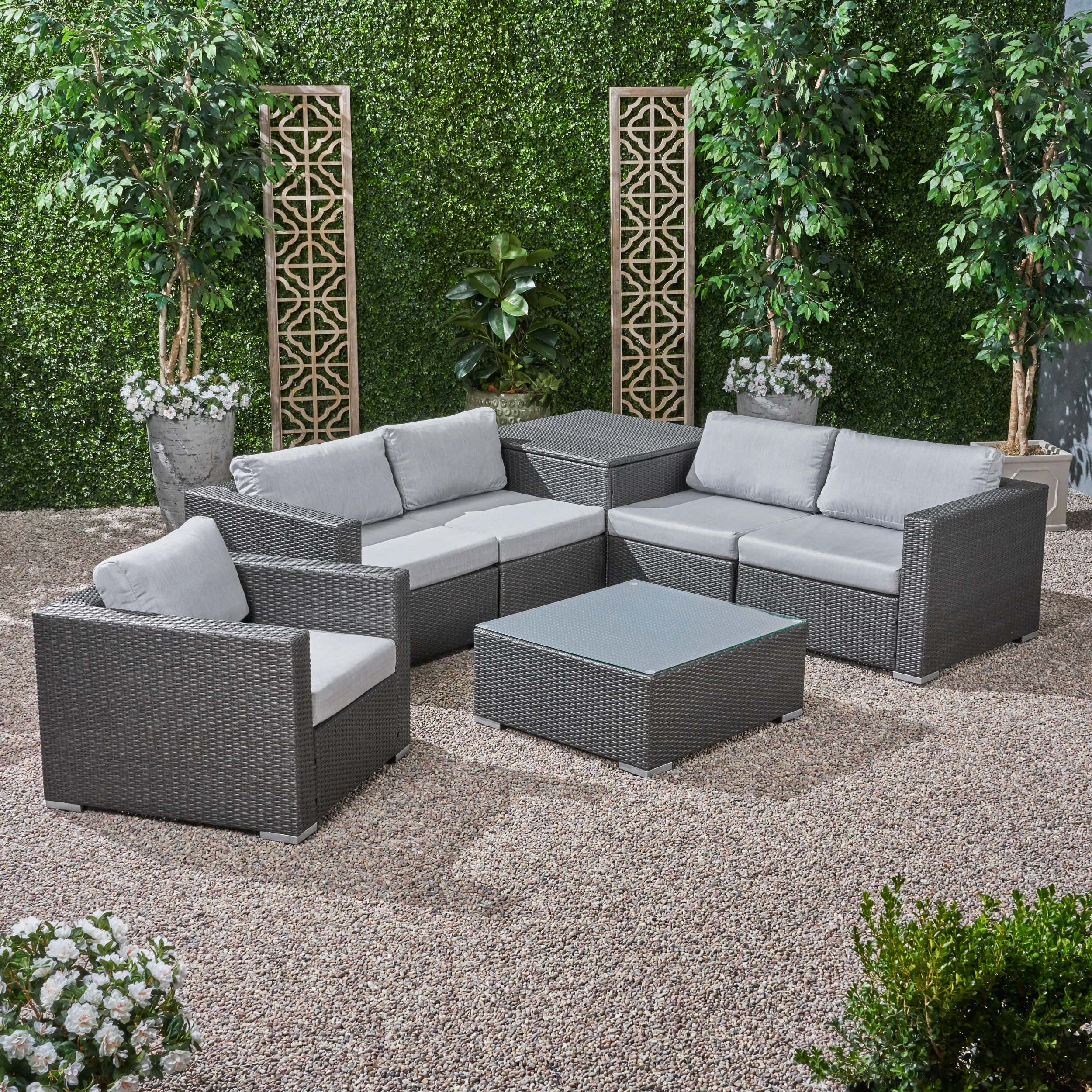 Kyra Outdoor 5 Seater Wicker Sectional Sofa Set with Storage Ottoman and Sunbrella Cushions