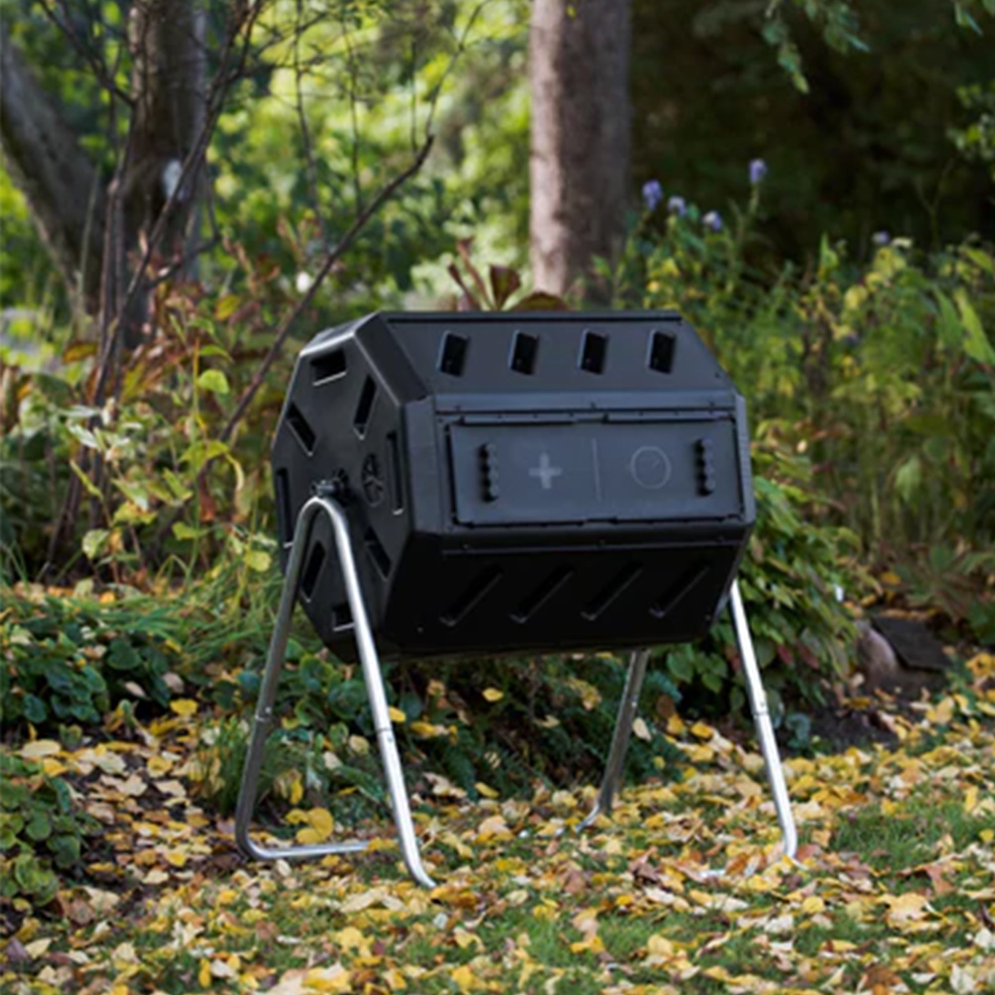 FCMP Outdoor IM4000-WK 37 Gallon Dual Chamber Tumbling Composter Bin, Black