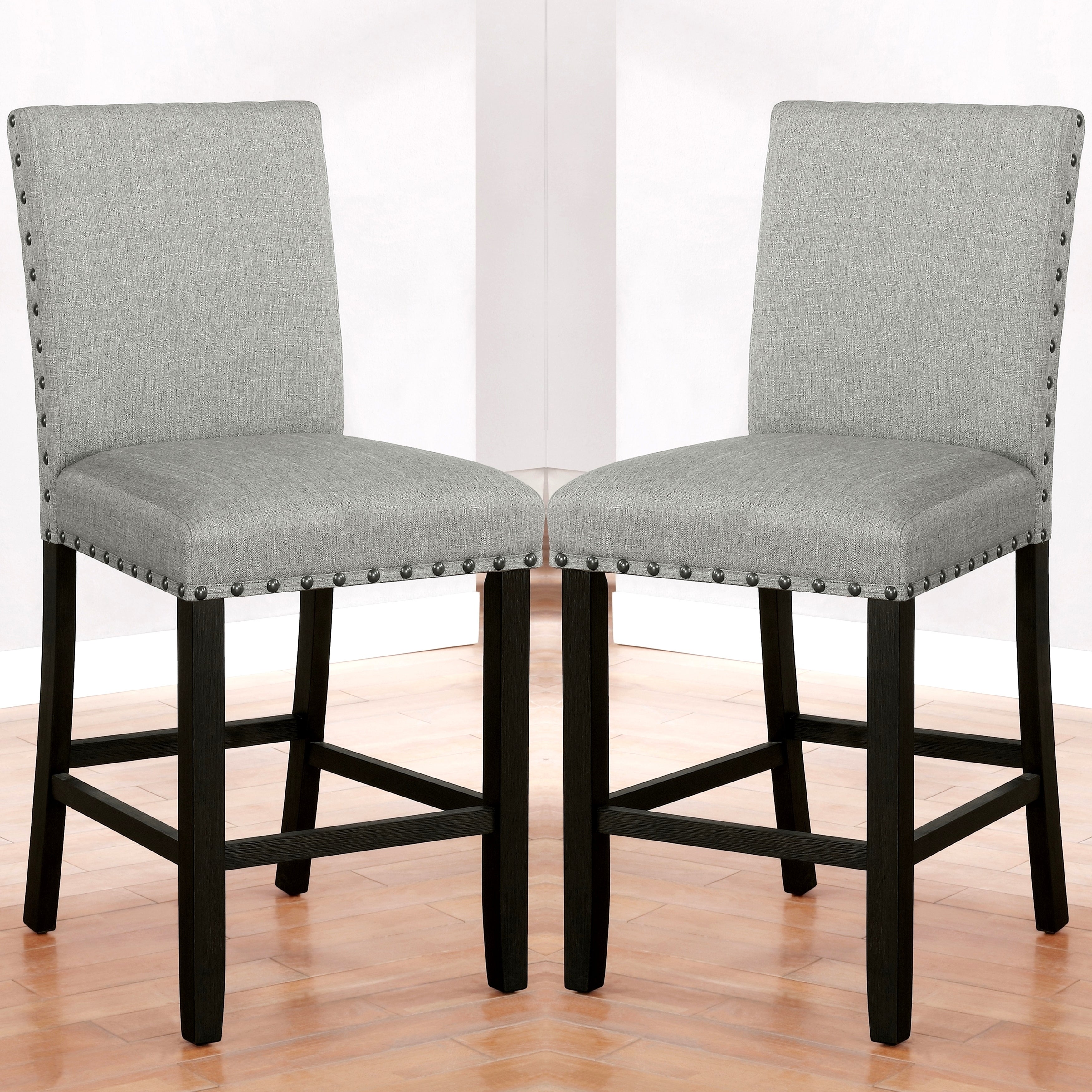 Classic Design Grey Upholsted Counterhight Dining Stool with Nailhead Trim (Set of 2)