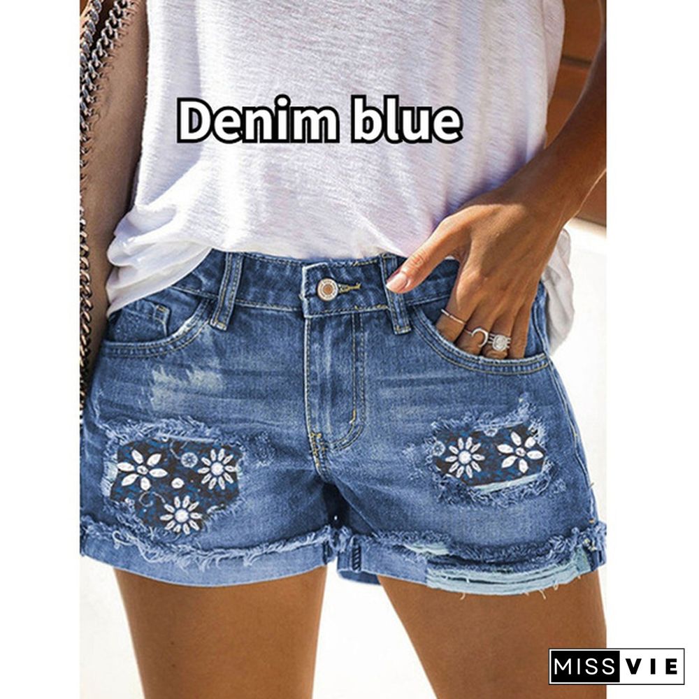 New Fashion Women Denim Shorts Print Patch Ripped Jeans Summer Casual Shorts for Women