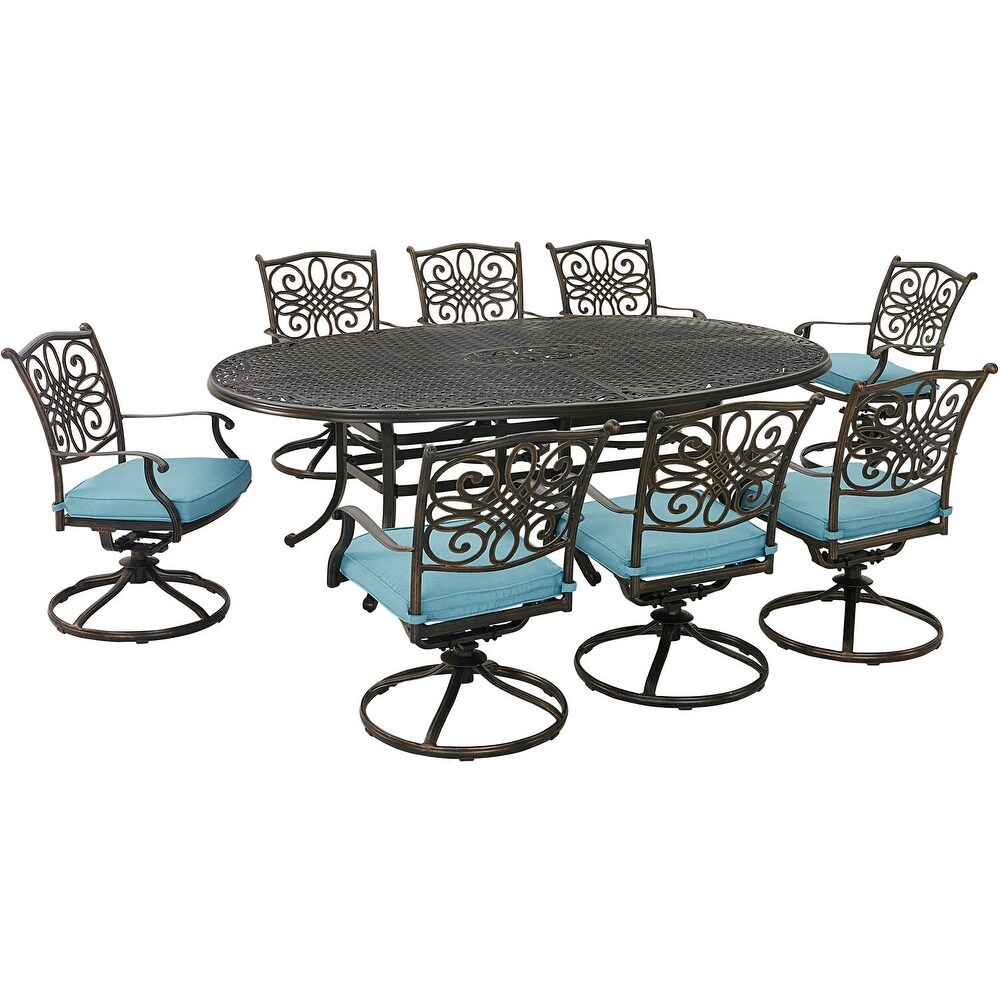 Hanover Traditions 9 Piece Dining Set in Blue with 8 Swivel Rockers and 95 in. x 60 in. Oval Cast Top Dining Table