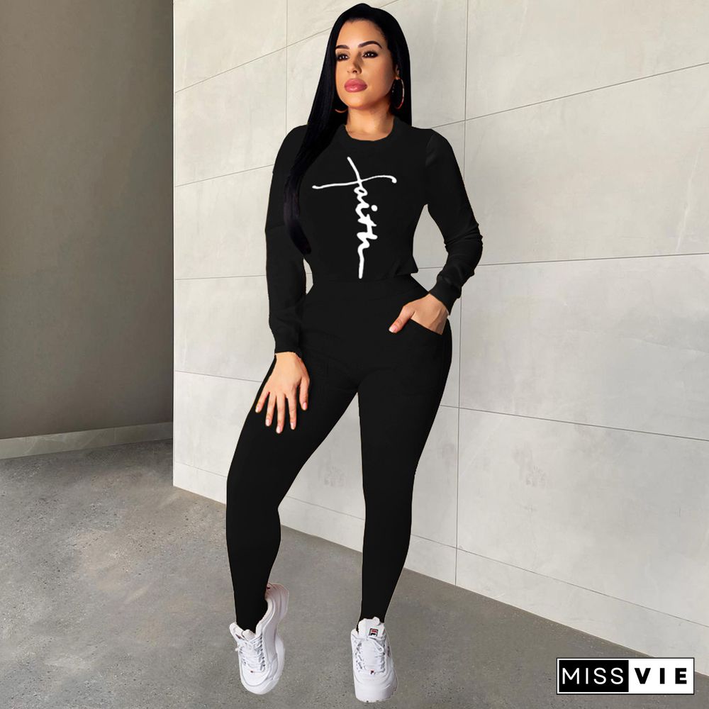 Letter Print Long Sleeve T-shirt and Pants Tracksuit