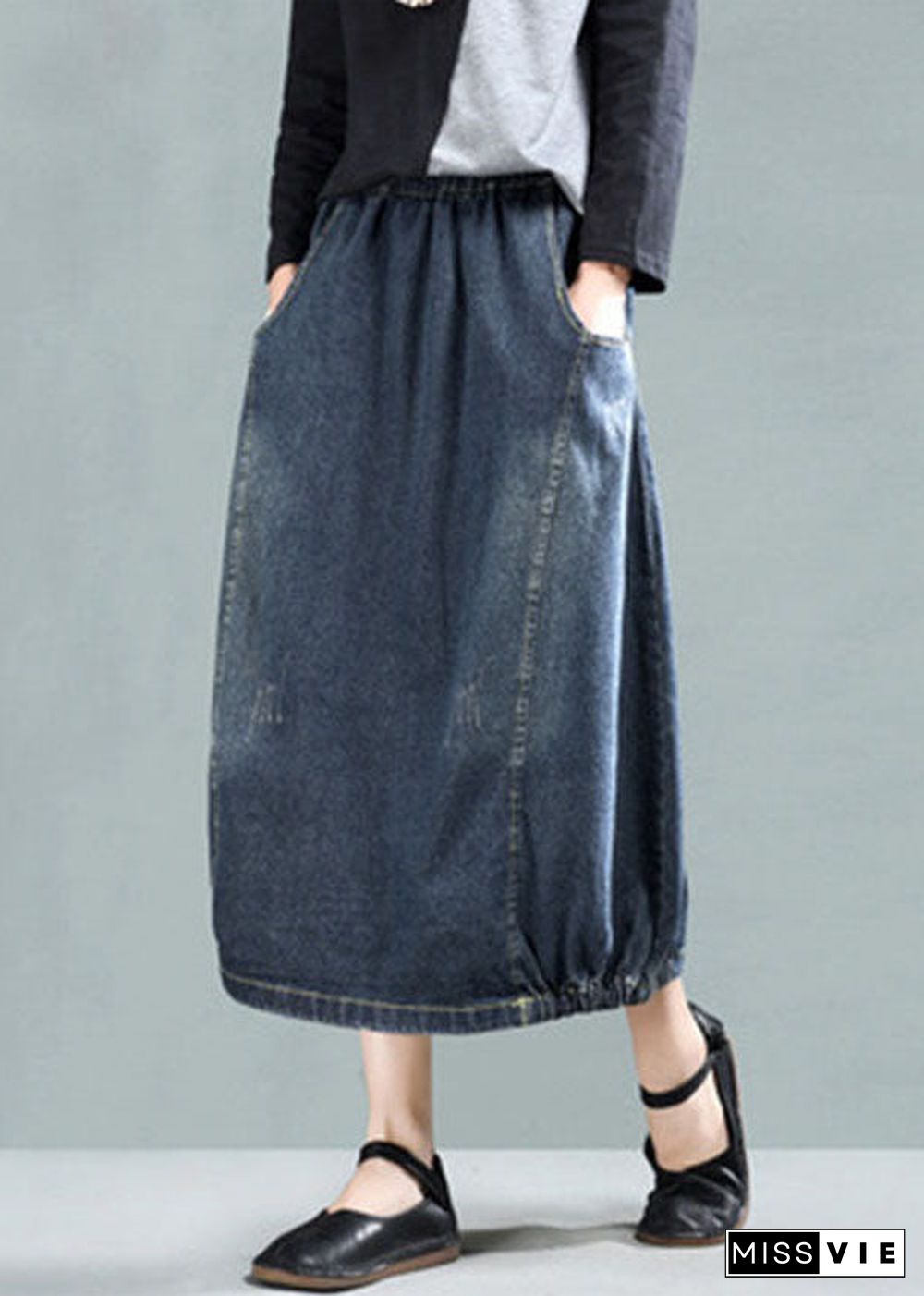 Dark Blue Patchwork Denim A Line Skirt Wrinkled Spring