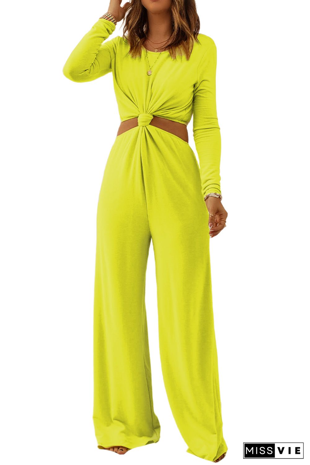 Yellow Cut Out Knotted Long Sleeve Wide Leg Jumpsuit