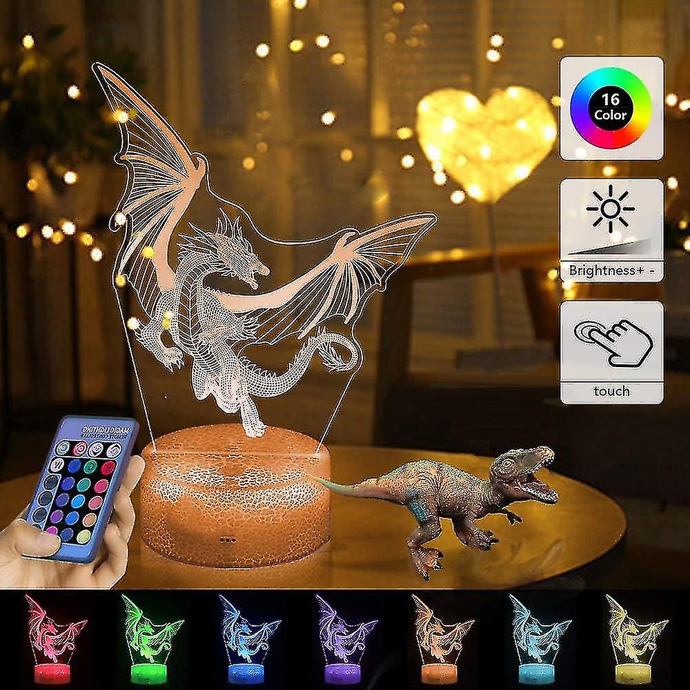 Dinosaur 3d Acrylic Night Light 7 Color Changing Led Light With Base Remote Control Usb Rechargeable Kids Boys Gift