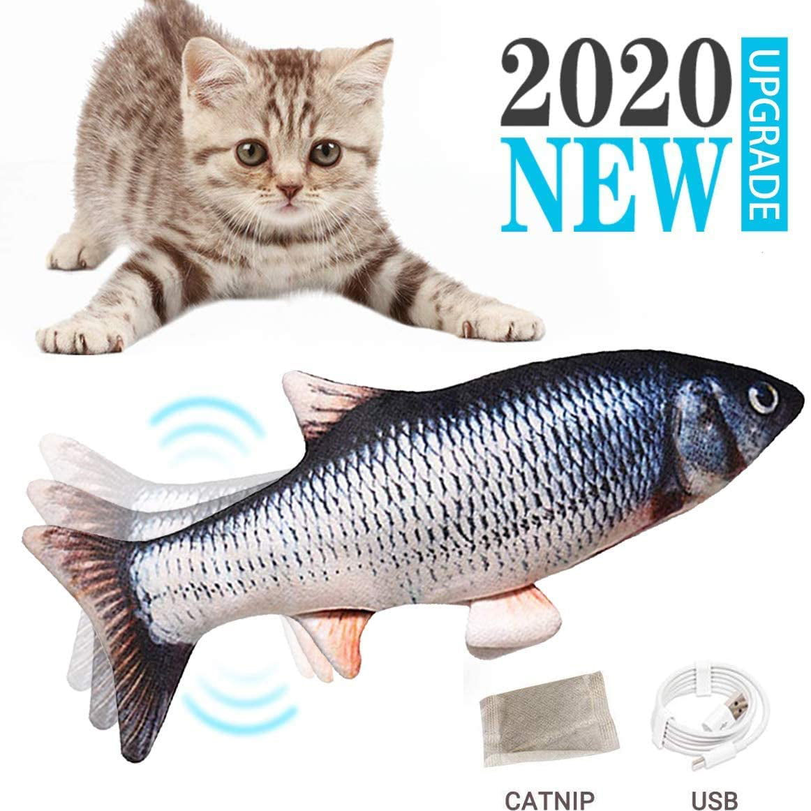 LNKOO Electric Moving Cat Kicker Fish Toy， Realistic Flopping Fish， Wiggle Fish Catnip Toys， Motion Kitten Toy， Plush Interactive Cat Toys， Fun Toy for Cat Exercise， Cat-Fish-Toy-Kitty-Interactive