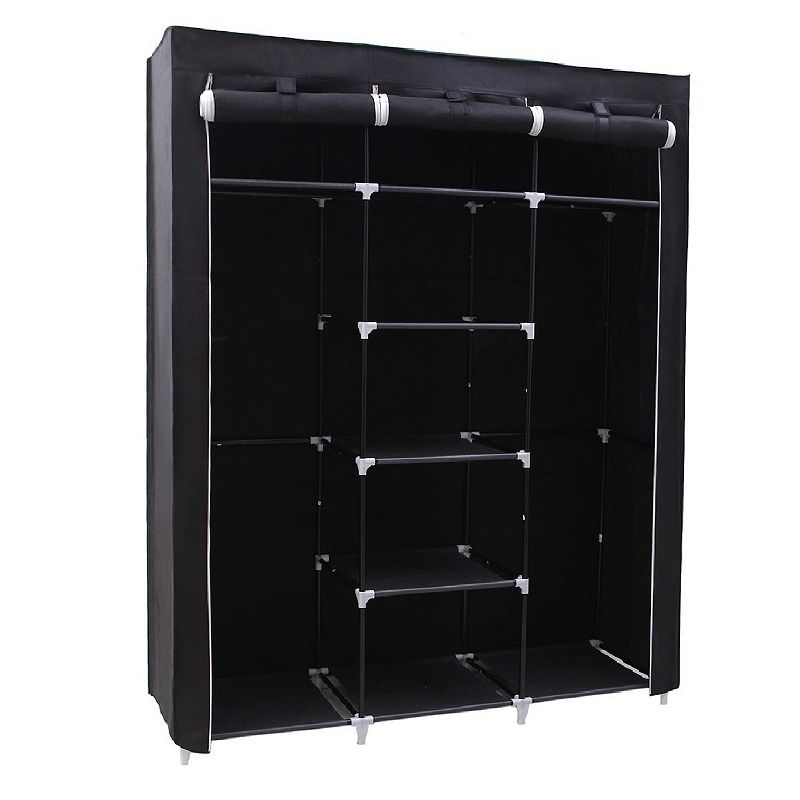 Portable Clothes Closet Non-woven Fabric Wardrobe Double Rod Storage Organizer， Black， 59-inch