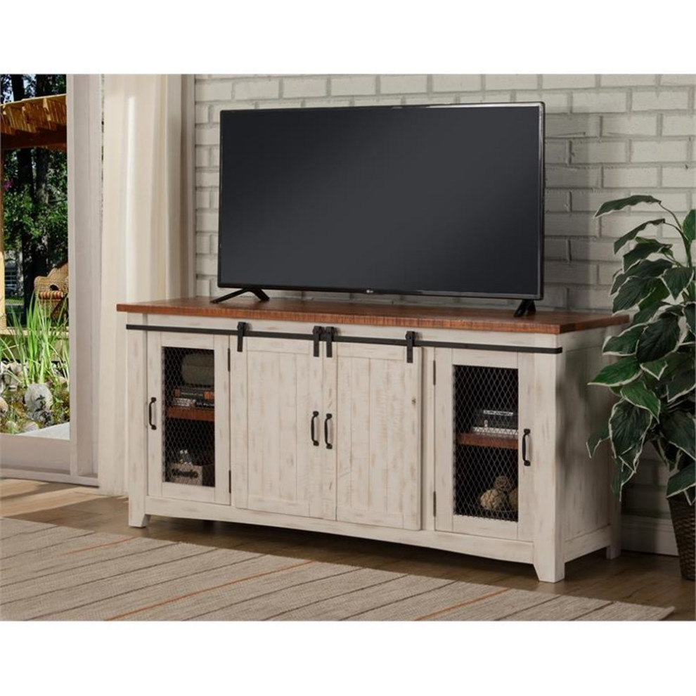 Bowery Hill Farmhouse Wood TV Stand for TVs up to 65 quotin Natural Brown   Farmhouse   Entertainment Centers And Tv Stands   by Homesquare  Houzz